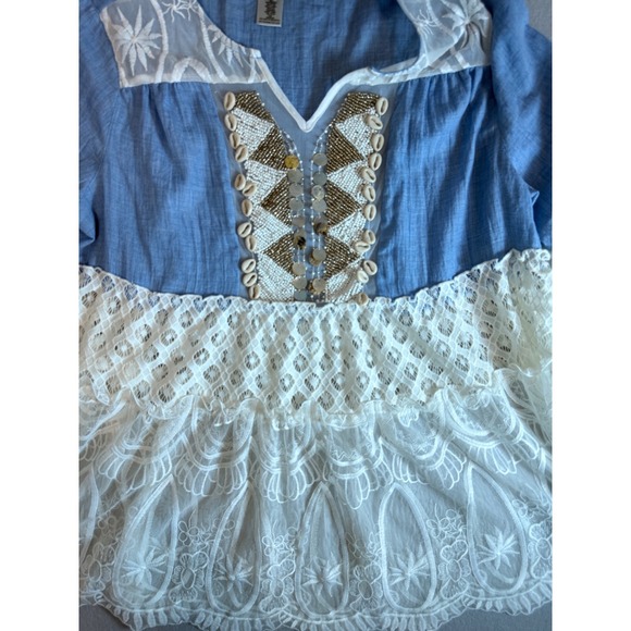 John Mark Women Blue Lace Peplum Boho Top Cowrie Shell Beaded V-Neck L - Picture 2 of 8